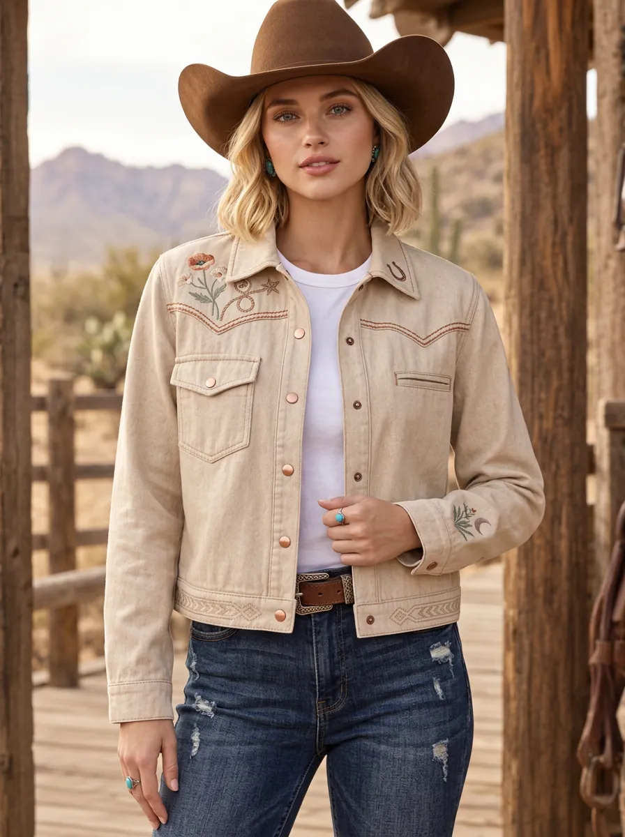 Women's Frontier Inspired Western Cowgirl Horseshoe Horse Floral Embroidered Denim Jacket