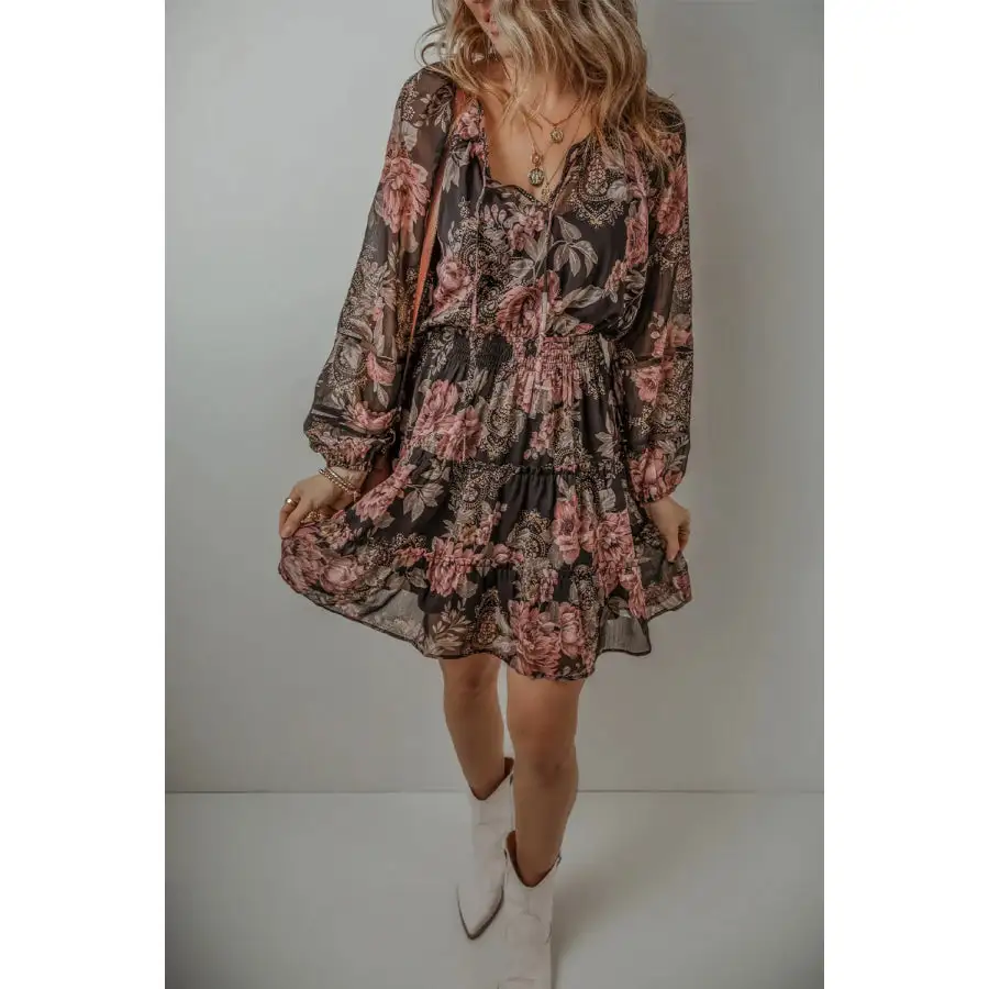 Easy Everyday Tie Neck Long Sleeve Mini Dress