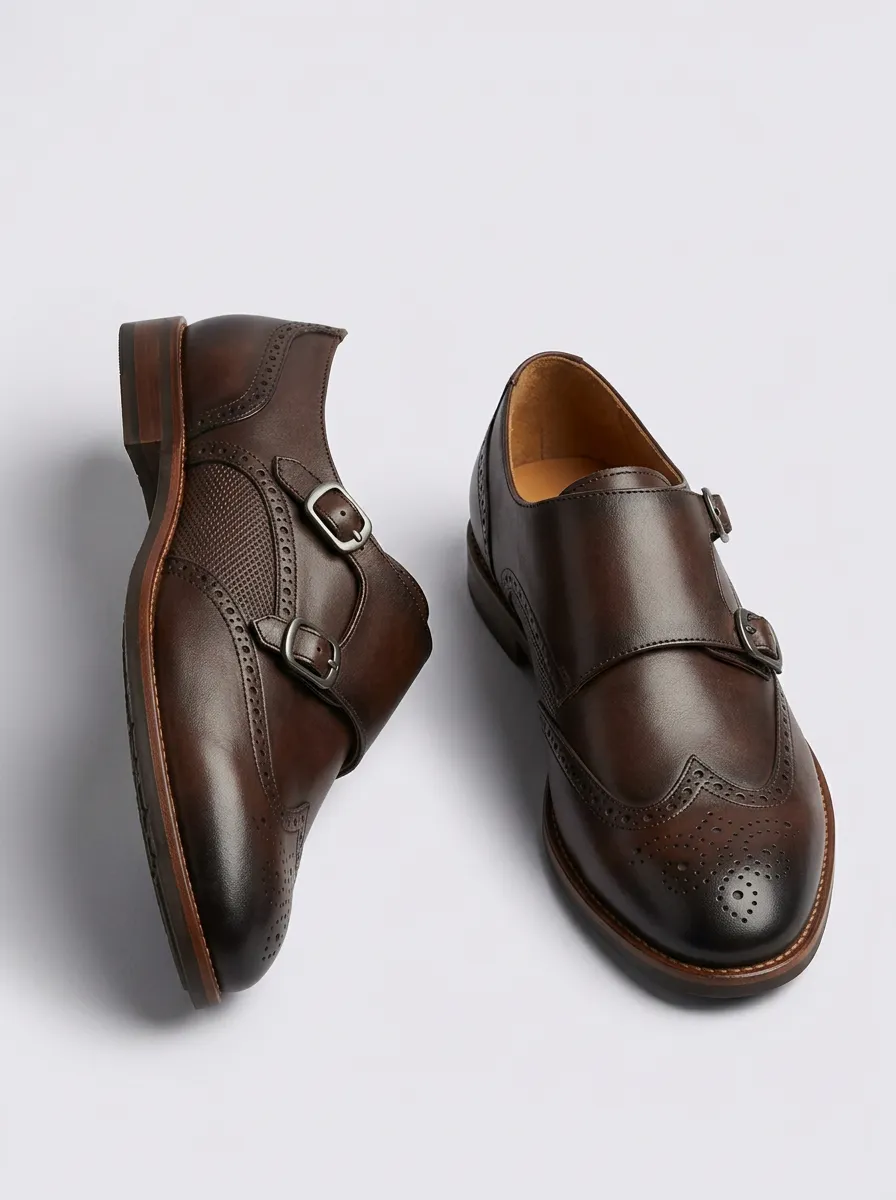 Men's Classic Business Leather Double Monk Strap Brogue Shoes