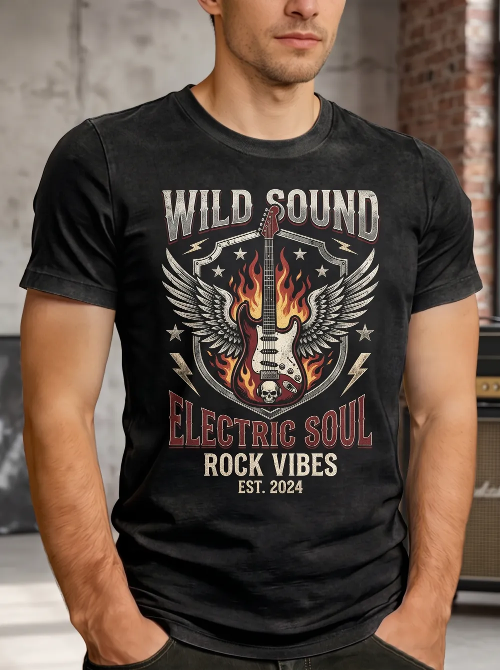 Men's Rock Music Lover Flaming Guitar Skull Printed T-shirt