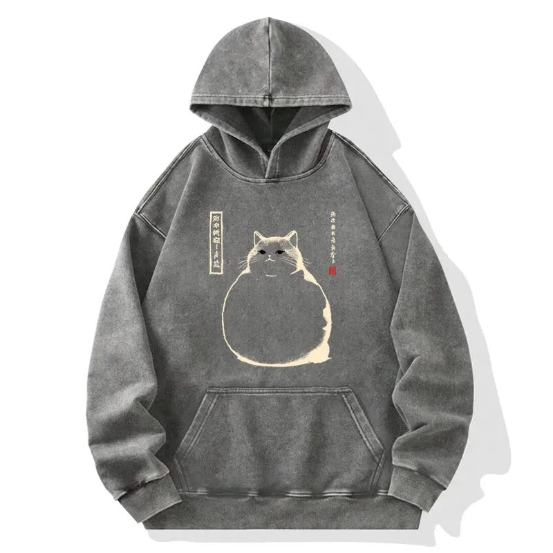 Woodblock Cat Washed Hoodie