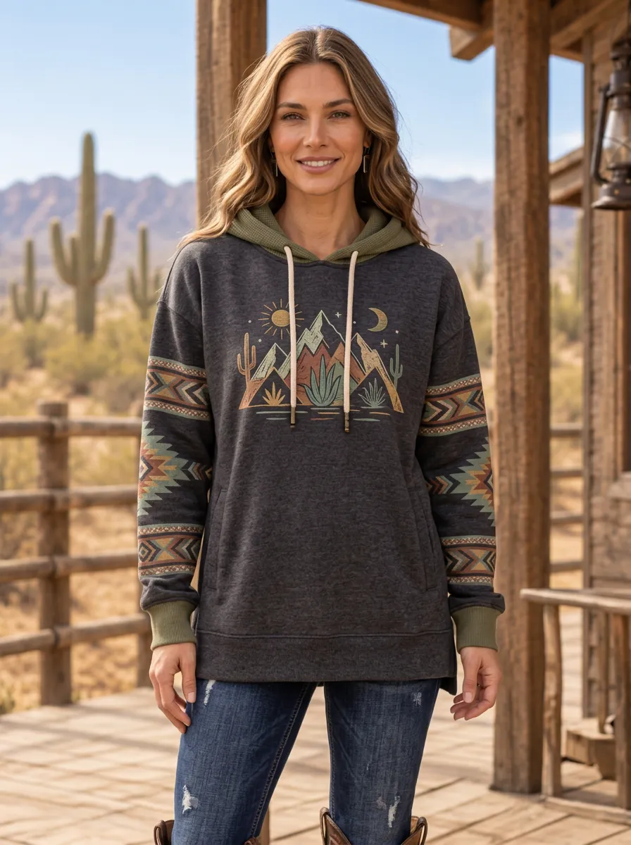 Women's Western Desert Mountain Cactus Hoodie