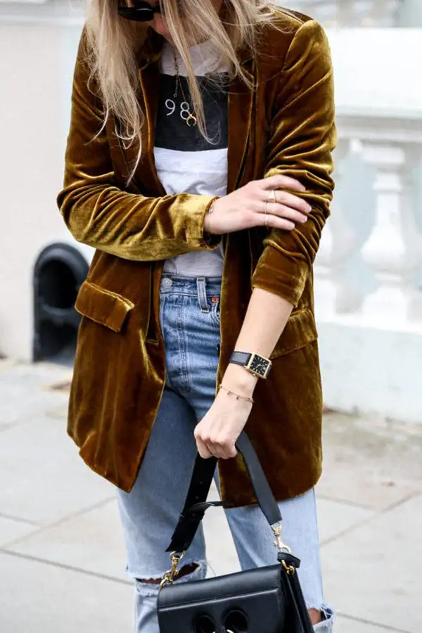 Lapel-Collar Velvet Polyester Tailored Blazer