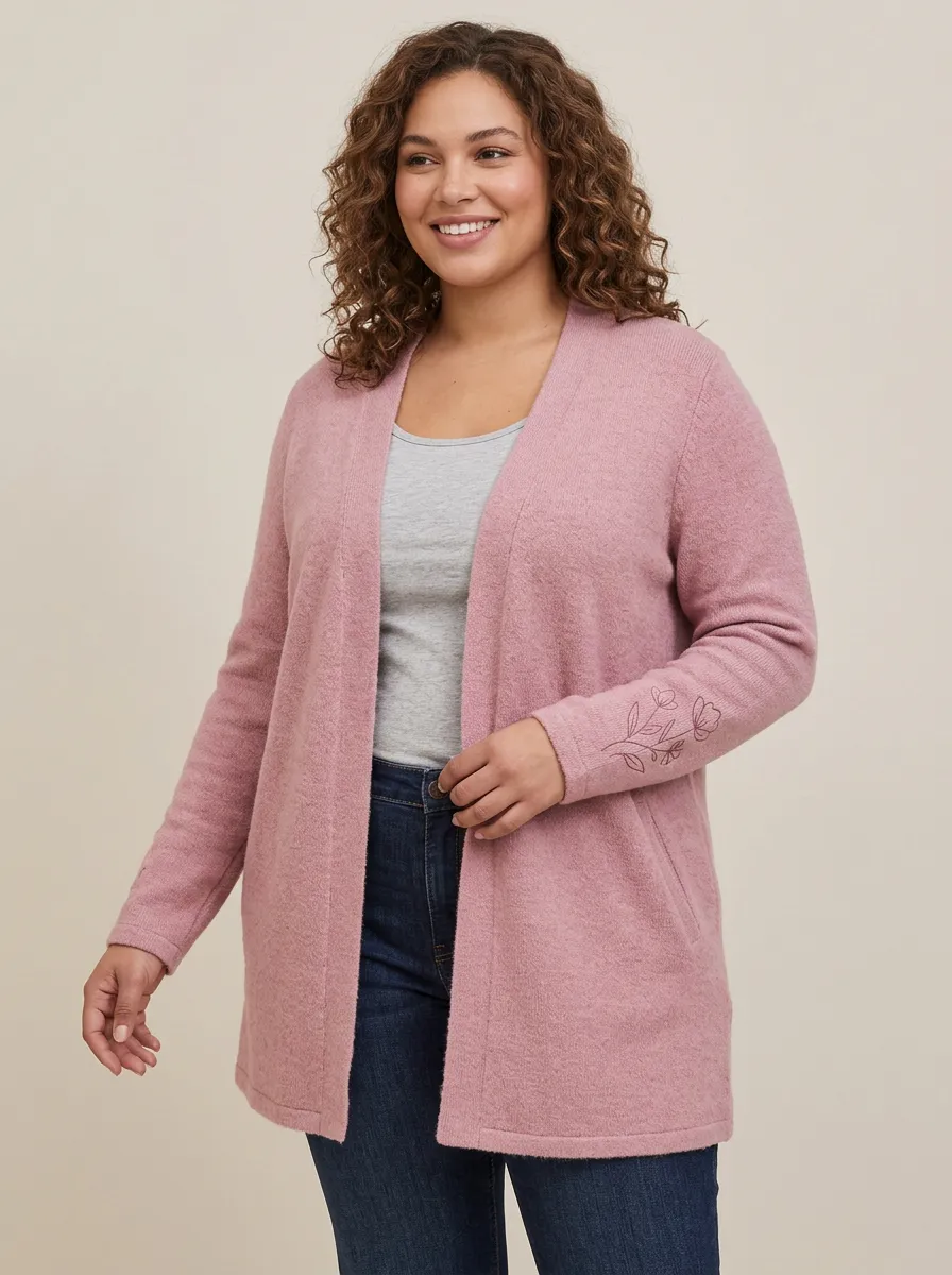 Pink Contemporary Floral Line Art Print Cardigan