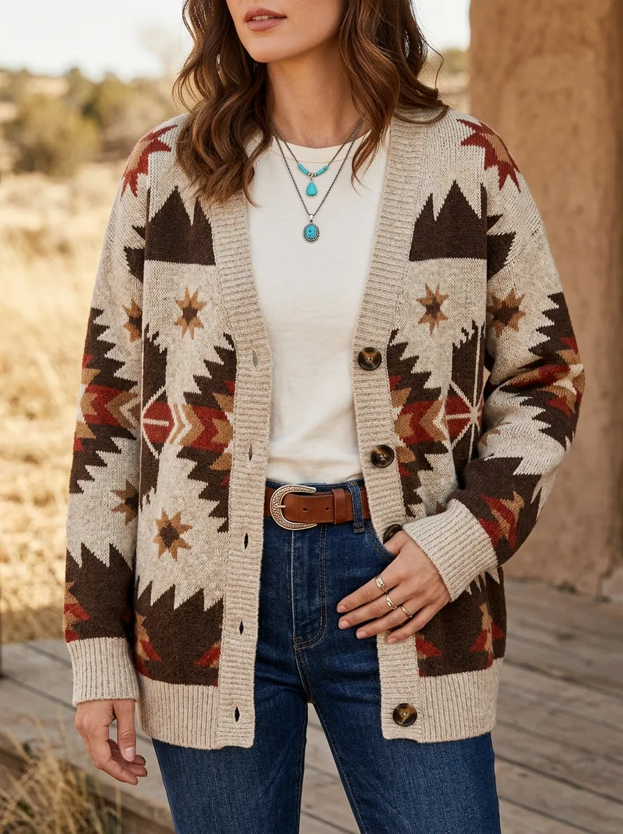 Women's Western Beige Southwestern Pattern Button-Front Cardigan