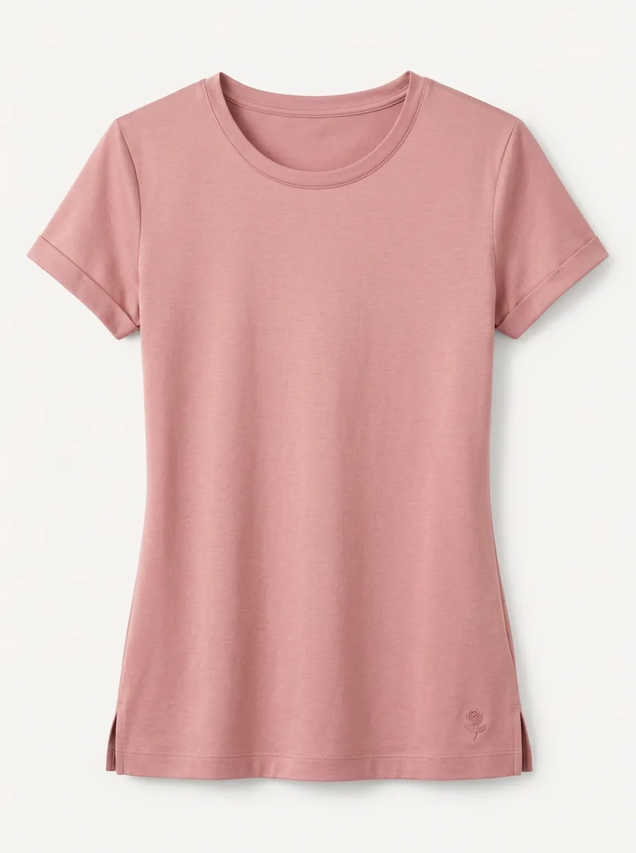 Women's Dusty Pink Rose Embroidered Cotton T-shirt
