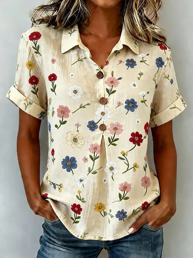 Women's Casual Short-Sleeve Positioning Print Cotton-Linen Top