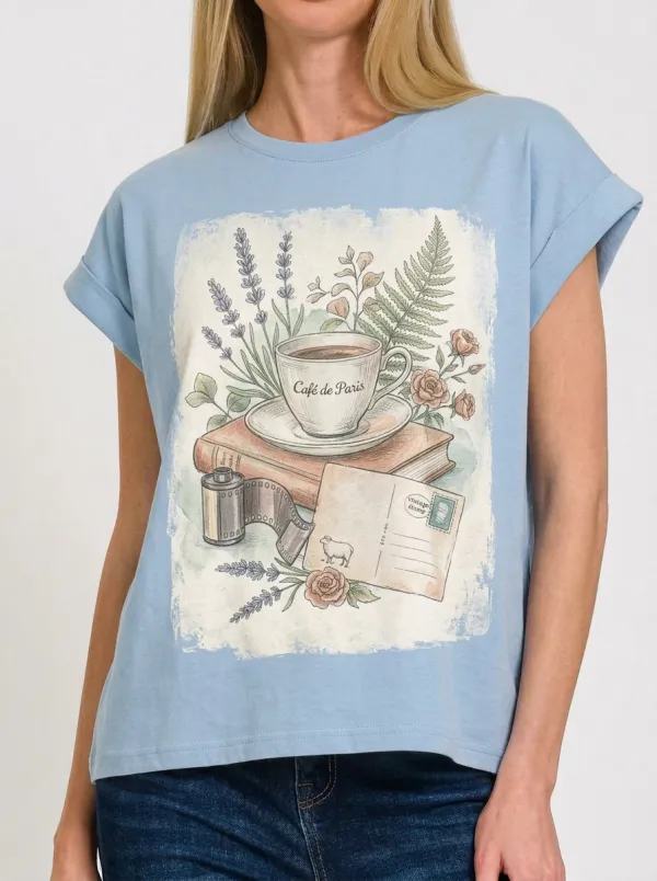 Women's Paris Cafe Book Floral Film Printed T-shirt