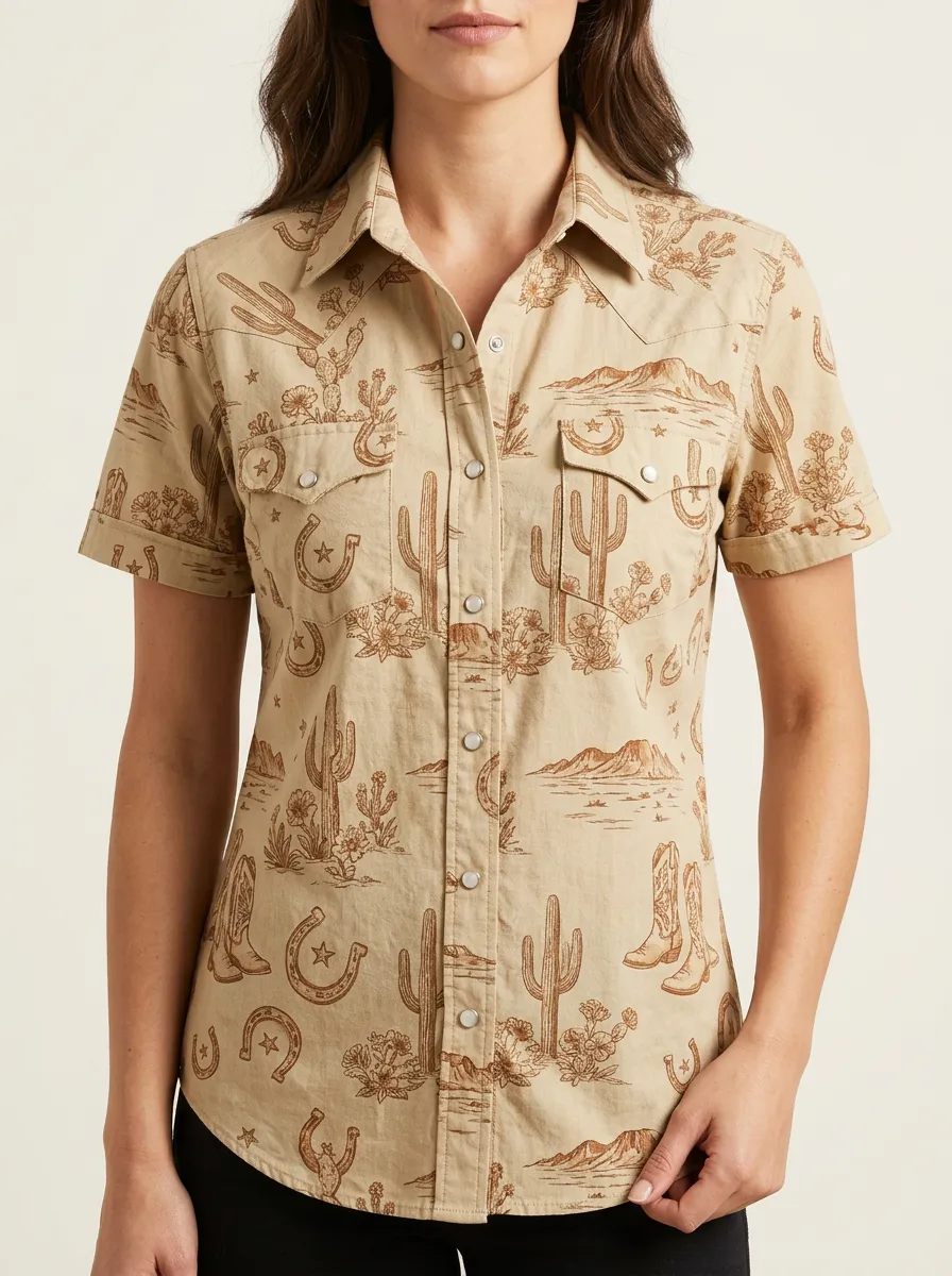 Western Cactus Horseshoe Western Short Sleeve Shirt