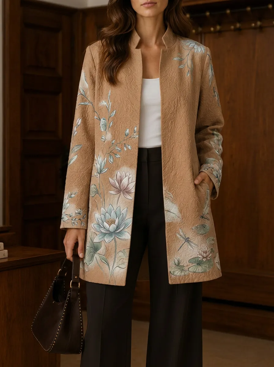 Women's Botanical Lotus Dragonfly Printed Open Front Jacket