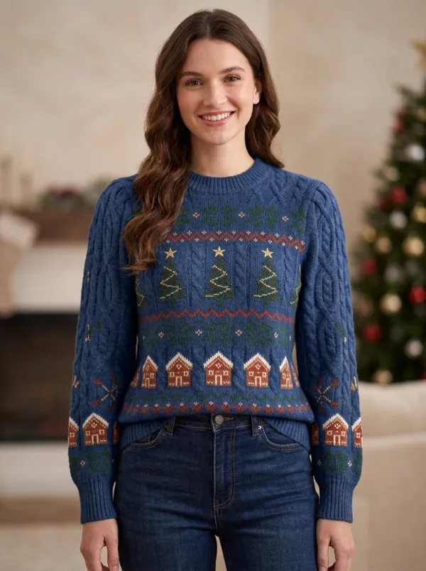 Christmas Holiday Tree Gingerbread House Pattern Knitted Sweater