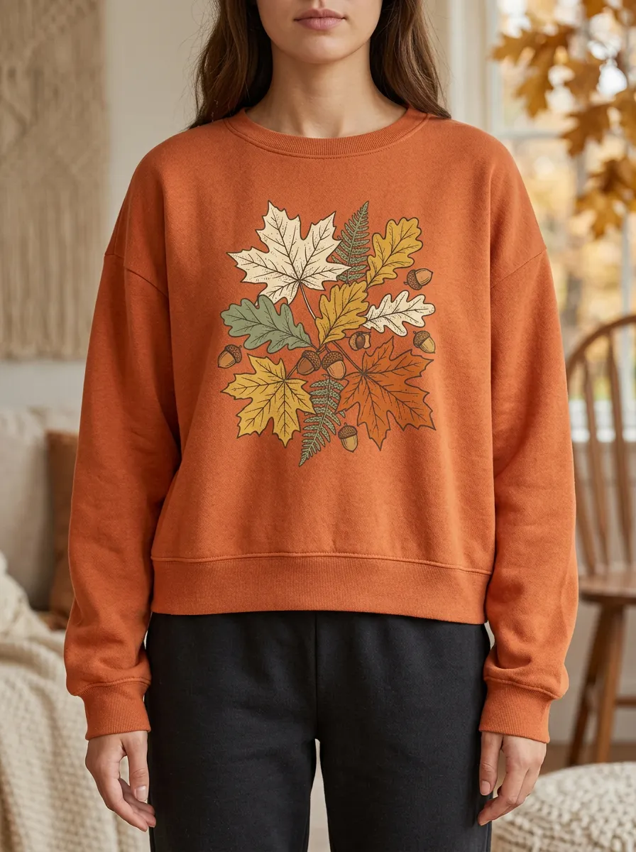 Soft Maple-Leaf Printed Acorn Graphic Sweatshirt