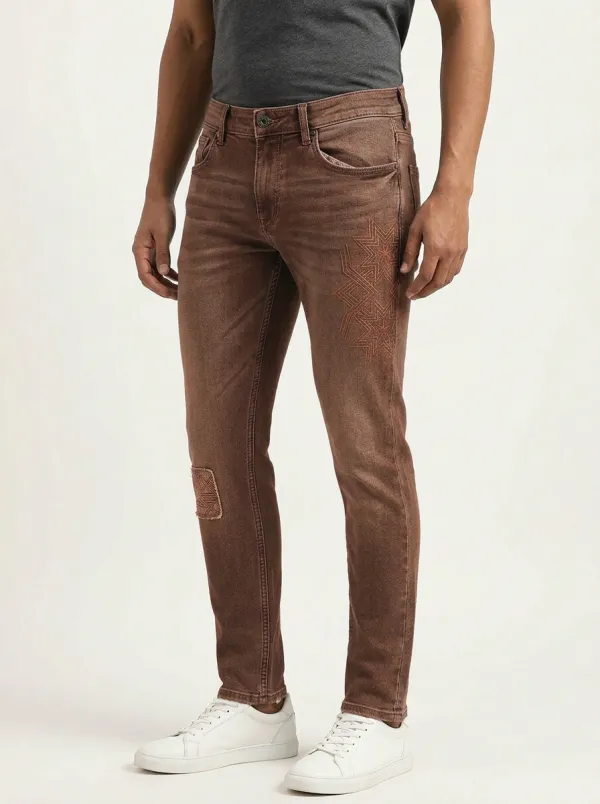 Men's Geometric Star Pattern Embroidered Slim-Fit Jeans