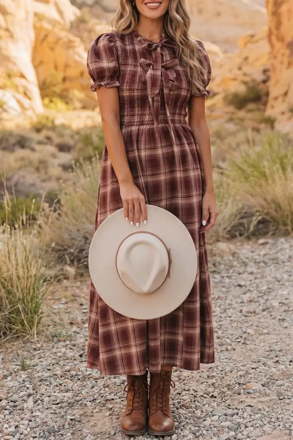 Vintage Plaid Knot Front Smocked High Waist Midi Dress