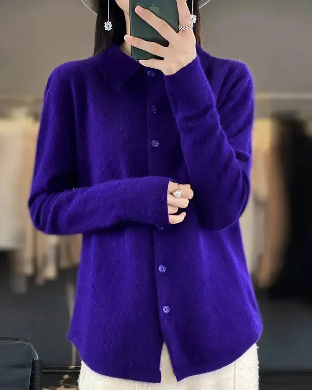 Mink-Cashmere Cashmere Button-Front Polo-Collar Cardigan