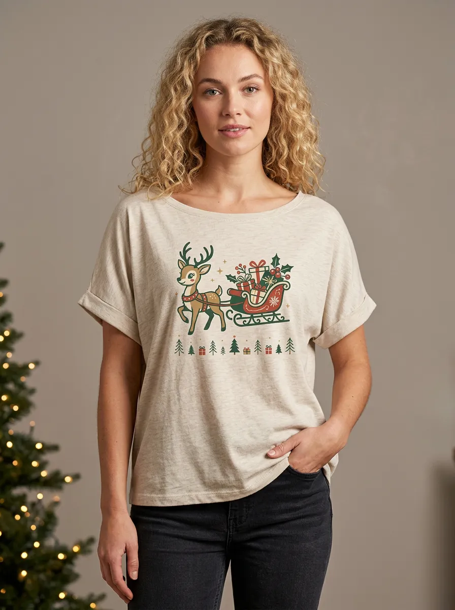 Gift Filled Sleigh and Reindeer Christmas Graphic Tee