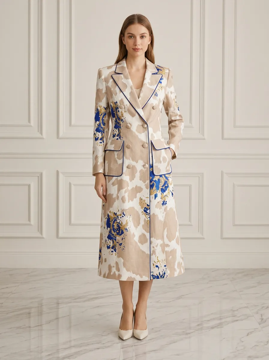 Women's Abstract Floral Cow Print Double-Breasted Printed Coat
