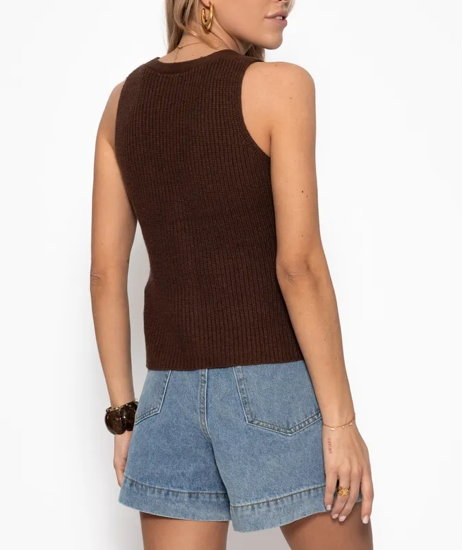 Brown Knit Button Placket Top