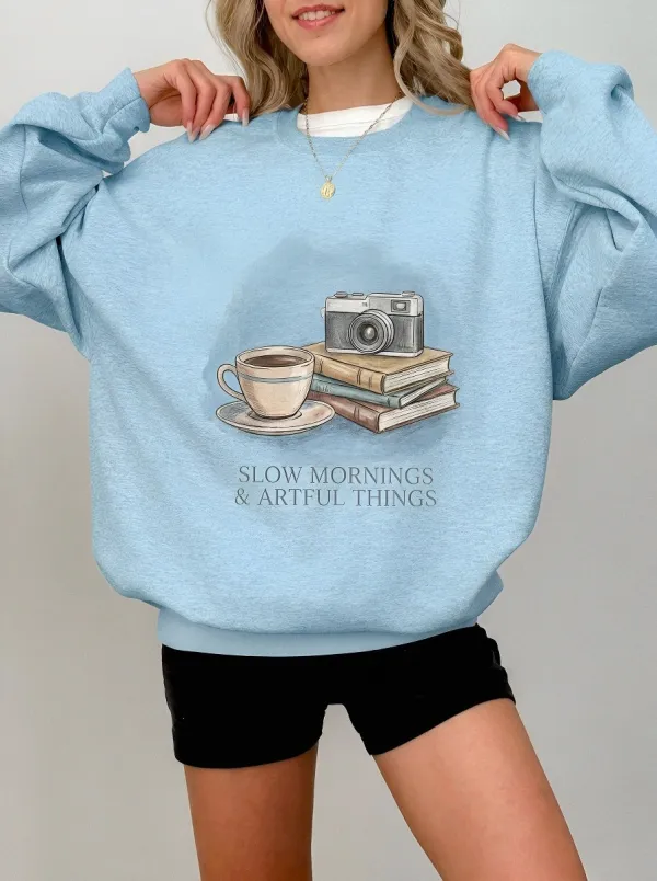 Women's Coffee Book Camera Slow Mornings Printed Sweatshirt