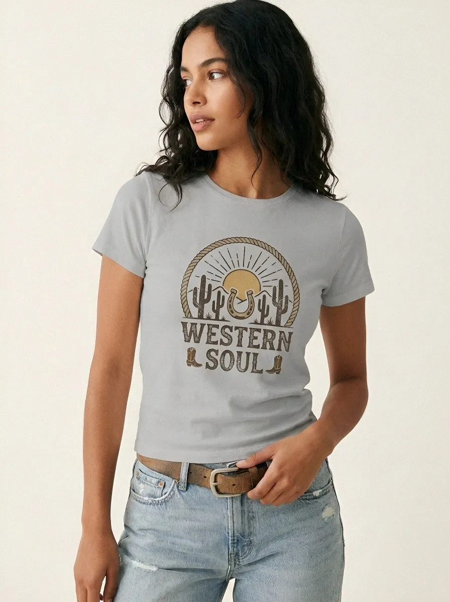 Women's Western Soul Cactus Horseshoe Printed T-shirt