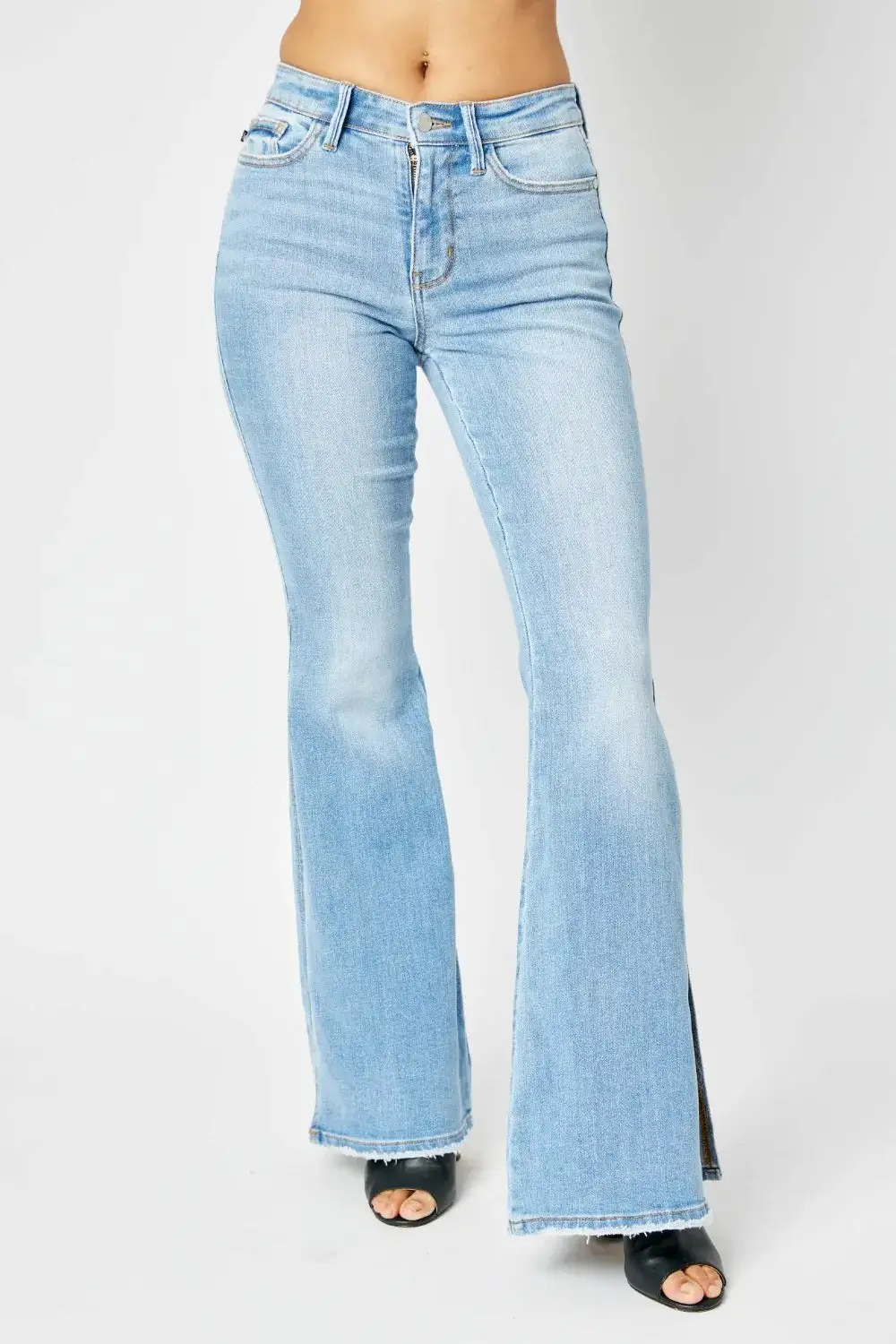 Full Size Mid Rise Raw Hem Slit Flare Jeans