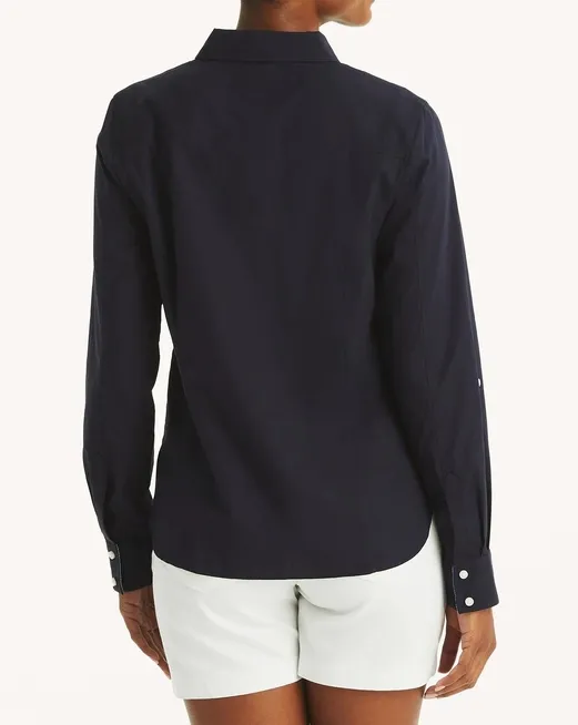 Navy Long Sleeve Solid Embroidered Shirt