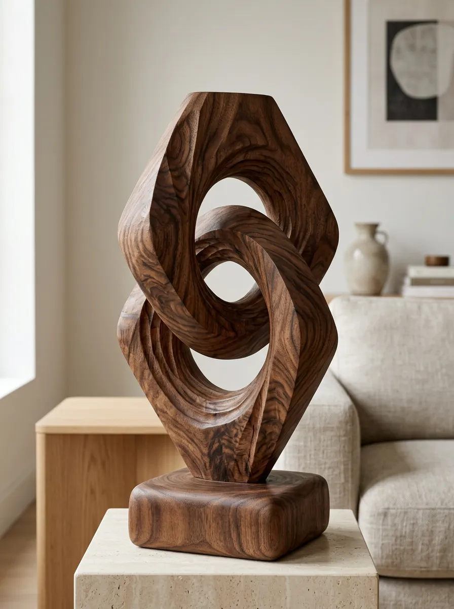 Contemporary Abstract Interlocking Wood Carved Sculpture