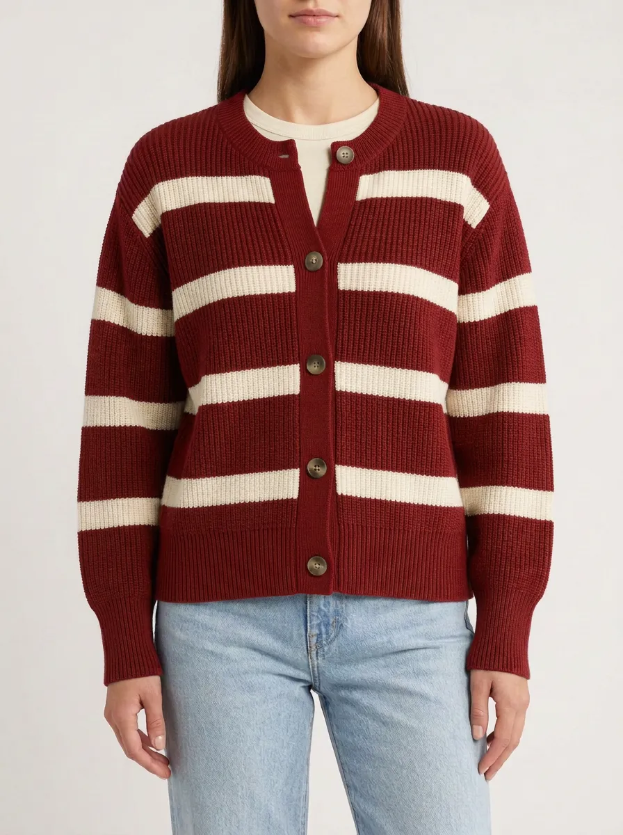 Cable Knit Rugby Striped Knit Cardigan