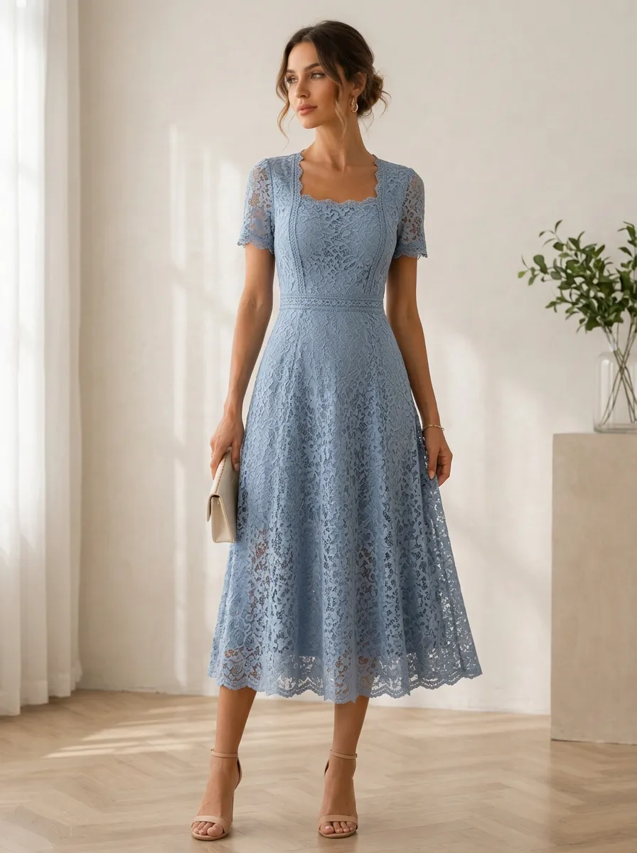 Women's Elegant Blue Floral Lace Square Neck Printed Dress