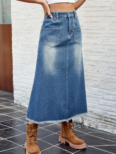 Raw Hem Buttoned Denim Skirt