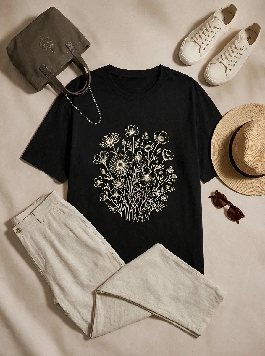 Women's Botanical Nature Lover Wildflower Bouquet Printed T-shirt