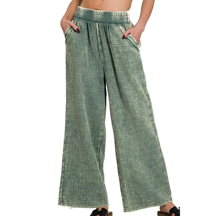 Washed Double Gauze Elastic Band Waist Pants