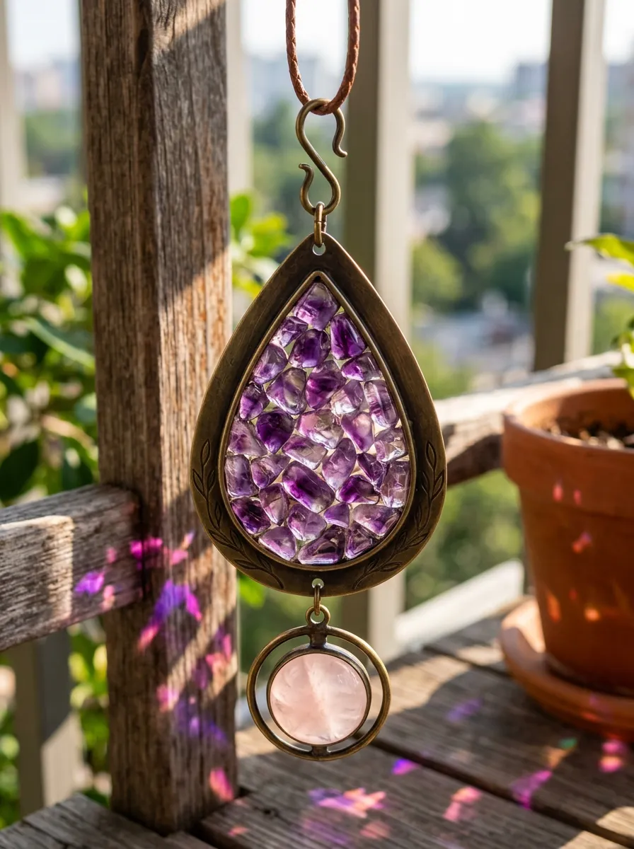 Amethyst and Rose Quartz Teardrop Crystal Suncatcher