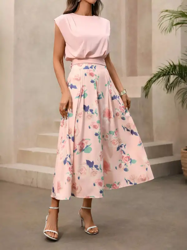 Round Neck Top Floral Print Skirt Set