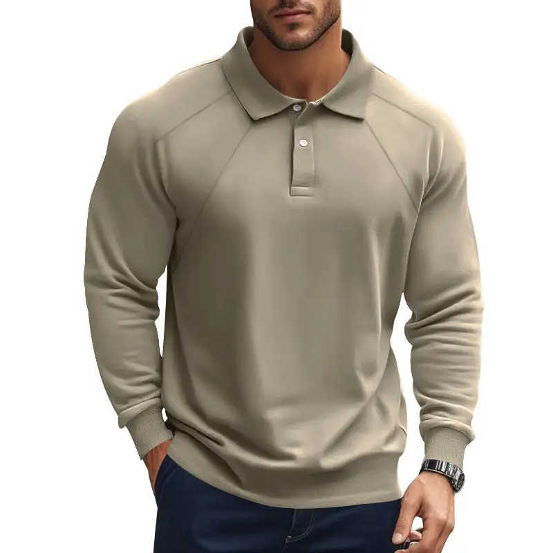 Ribbed Button Placket Raglan Sleeve Polo Shirt