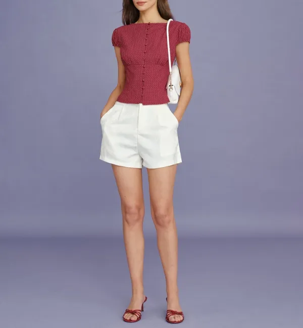 Red Boat Neck Plaid Blouse