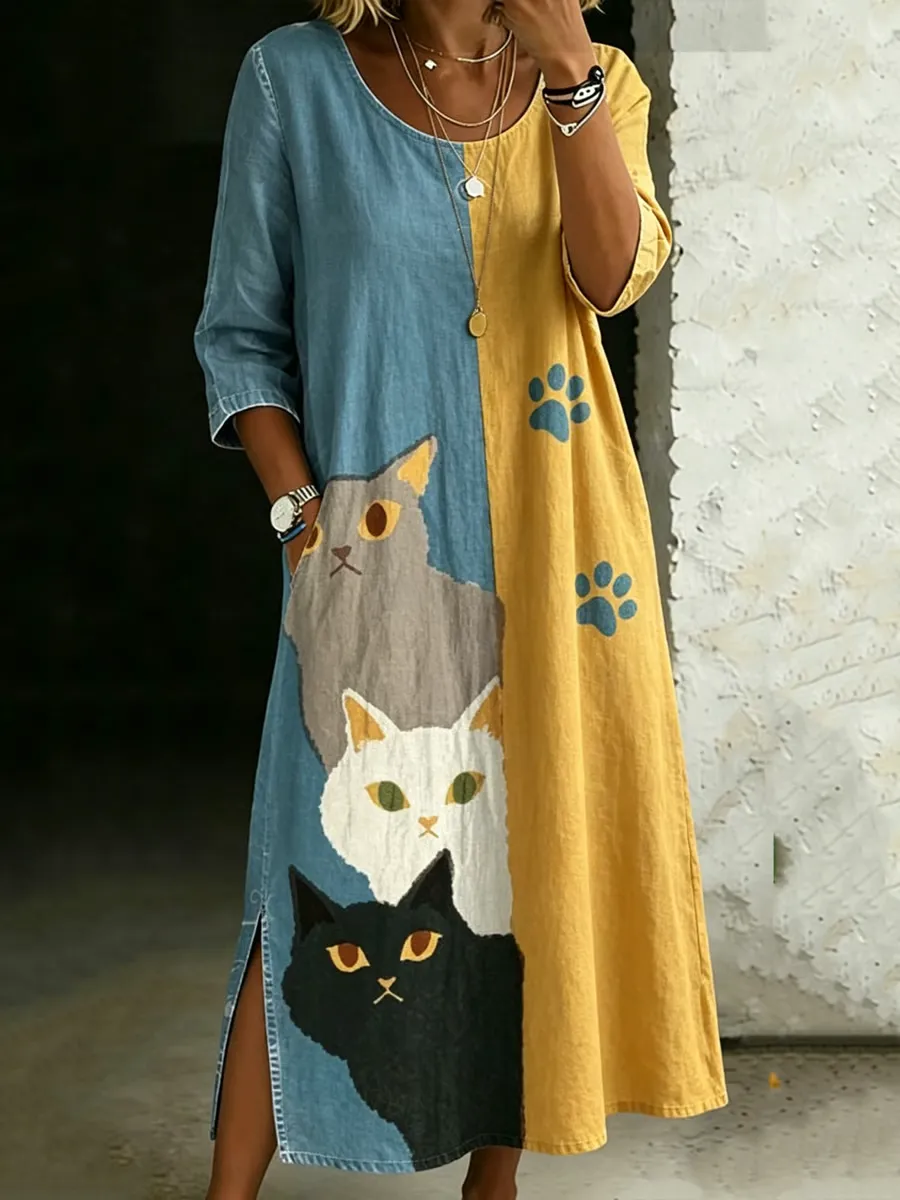Women's Vintage Cotton Linen Cat Print Dress