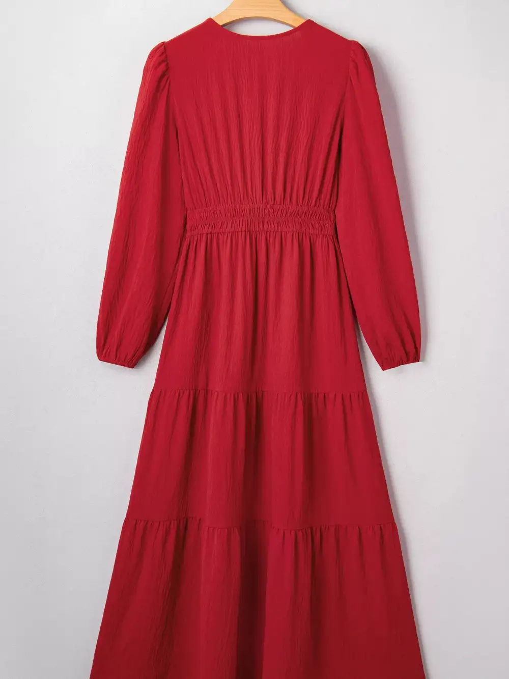Contrast Embroidered Detail Cinched Waist Tiered Long Sleeve Maxi Dress