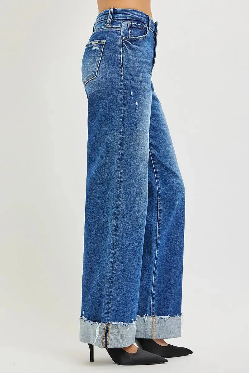 High Rise Wide Leg Cuffed Pocketed Denim Jeans