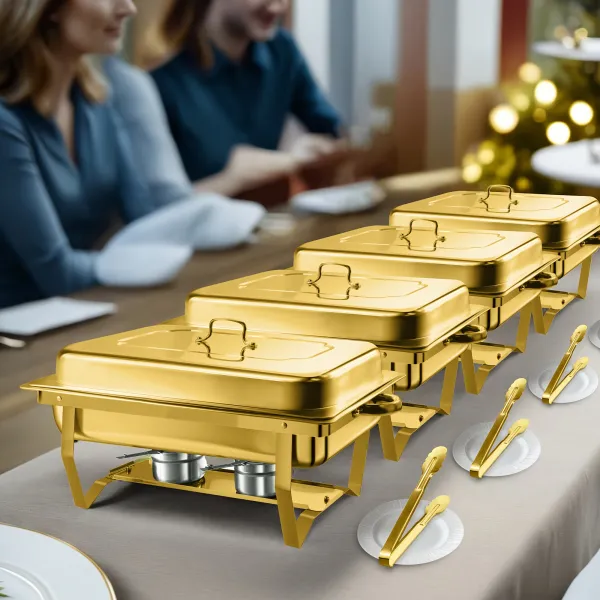 Versatile Gold Chafing Dish Set with Lids and Tongs, Home and Commercial Kitchen Helper for Buffets