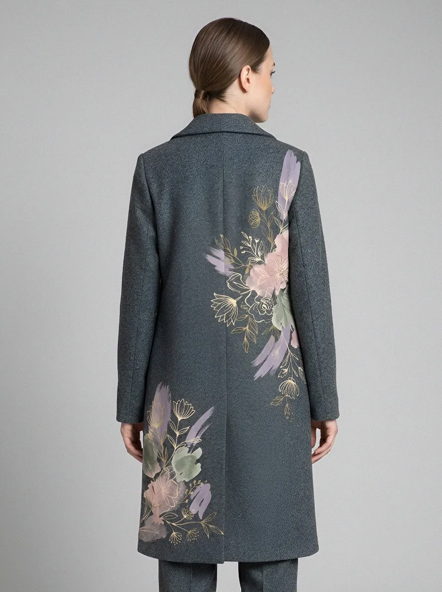 Women's Floral Art Grey Wool Blend Printed Coat