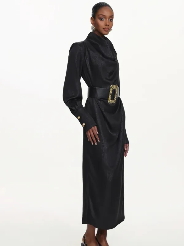 Azariah Cowl Neck Long Sleeve Belted Maxi Dress