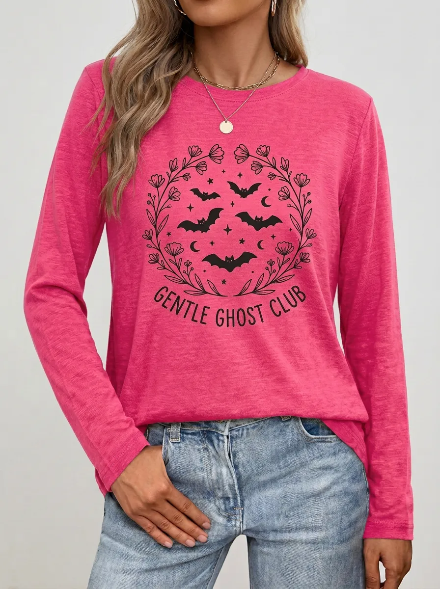 Ghost Bat Floral Halloween Cotton Linen Long Sleeve Top