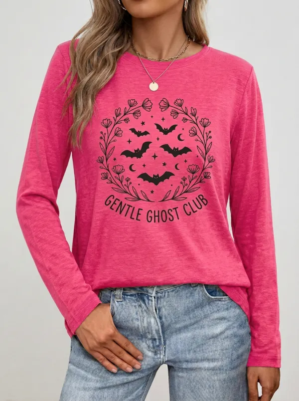 Ghost Bat Floral Halloween Cotton Linen Long Sleeve Top