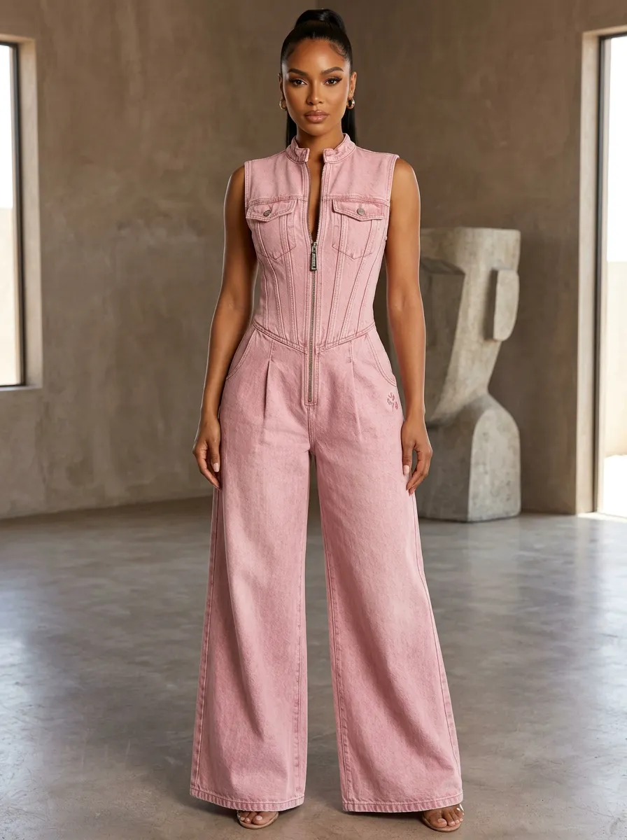Pink Graphic Sleeveless Denim Jumpsuit