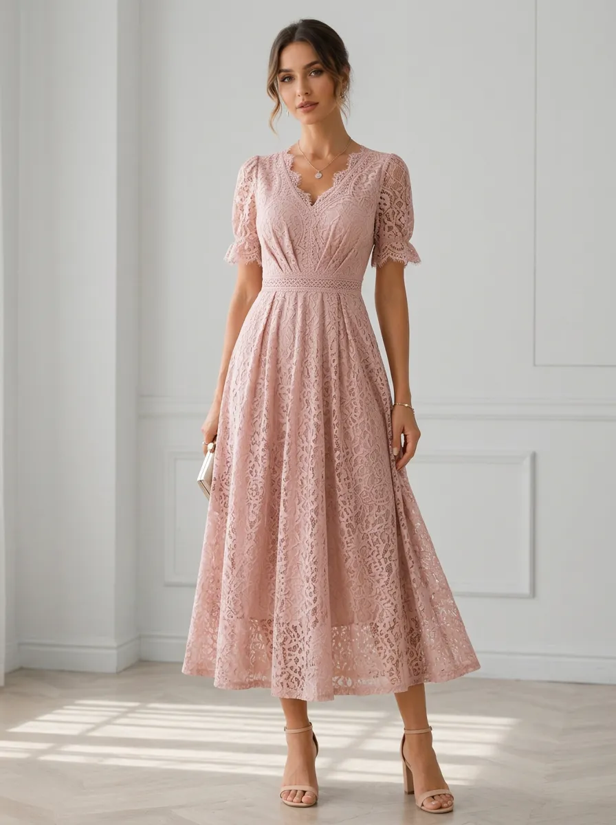 Women's Elegant V-Neck Floral Lace Embroidered Midi Dress