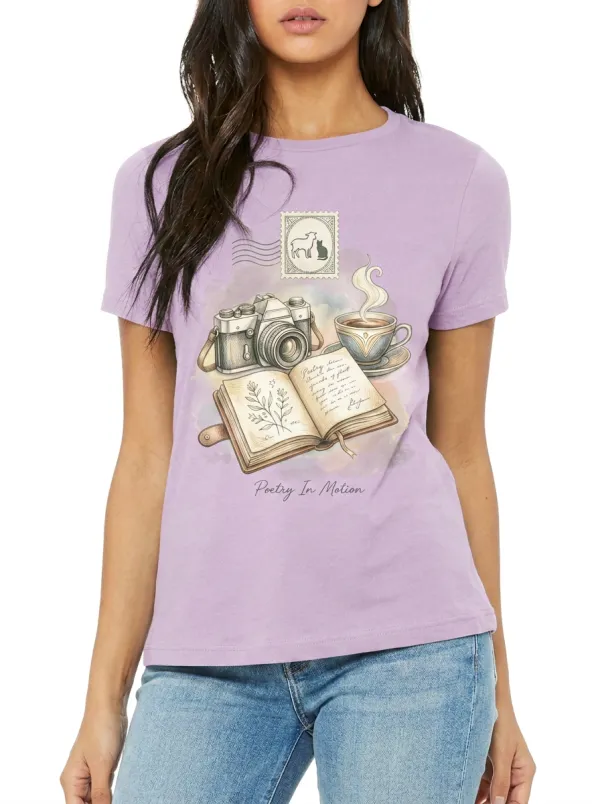 Women's Vintage Camera Coffee Book Stamp Printed T-shirt