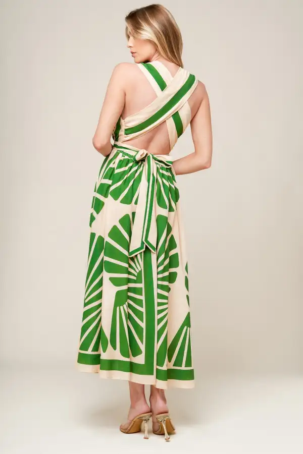Surplice Linen-Blend Printed Midi Dress
