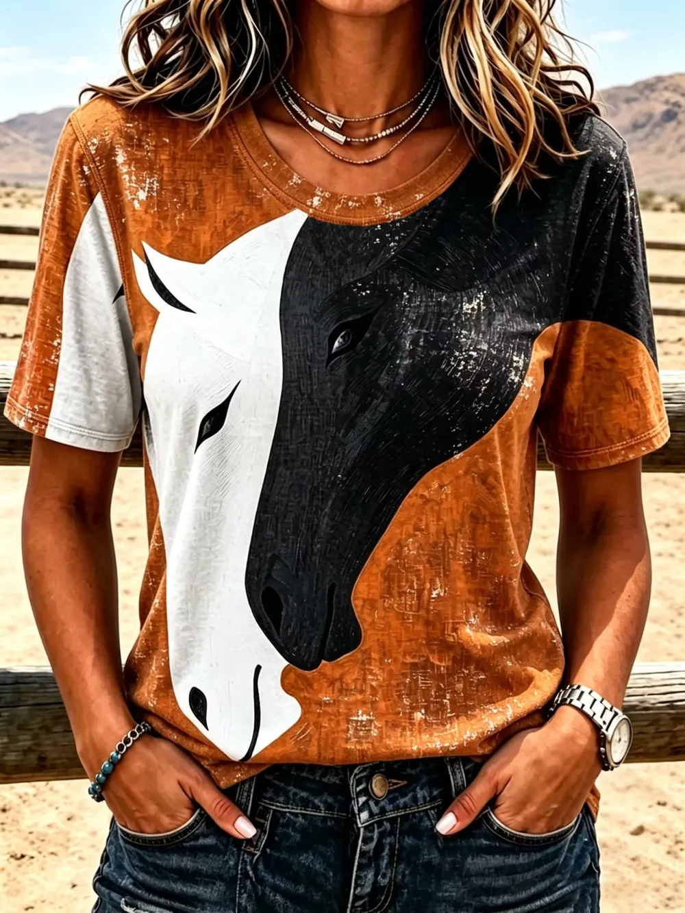 Women's Retro Western Animal Printed Round Neck T-Shirt
