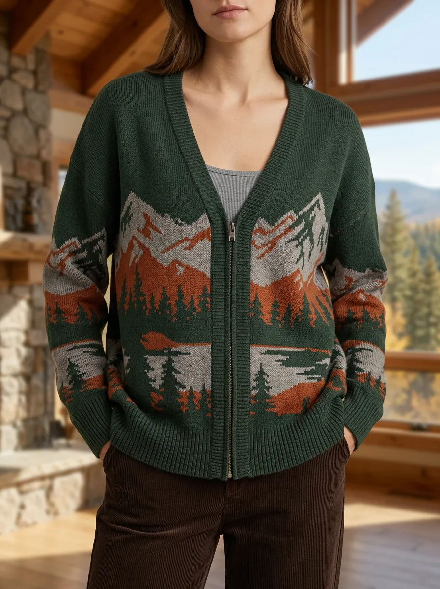 Women's Nature Lover Mountain Forest Printed Zip Long Sleeve Everyday Layering Cardigan